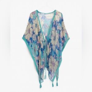 Nine West Floral Sheer Kimono with Teal Trim Swim Cover Up